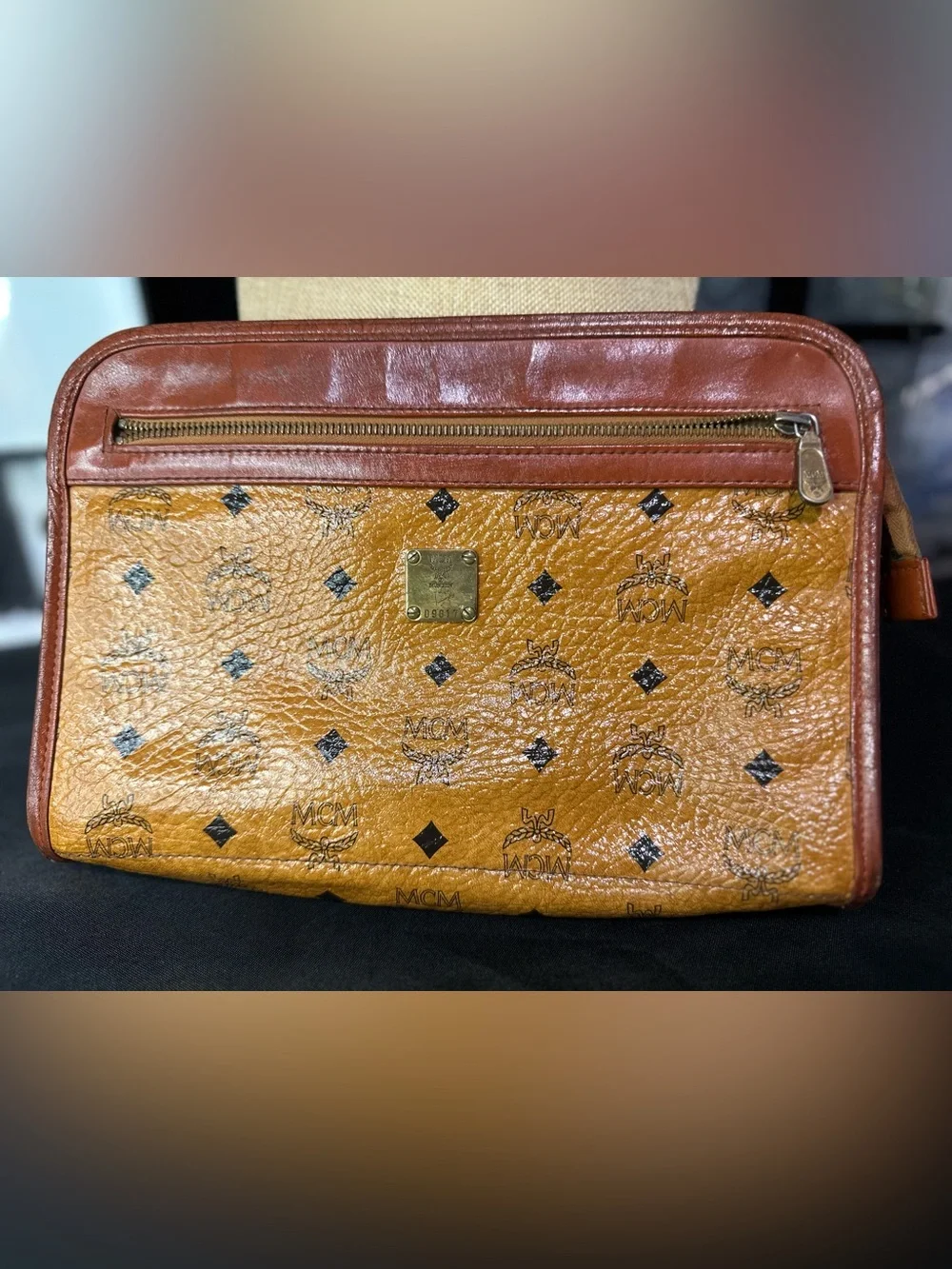 MCM Visetos Monogram Zip Clutch/Crossbody Cognac Brown Black W/ COA